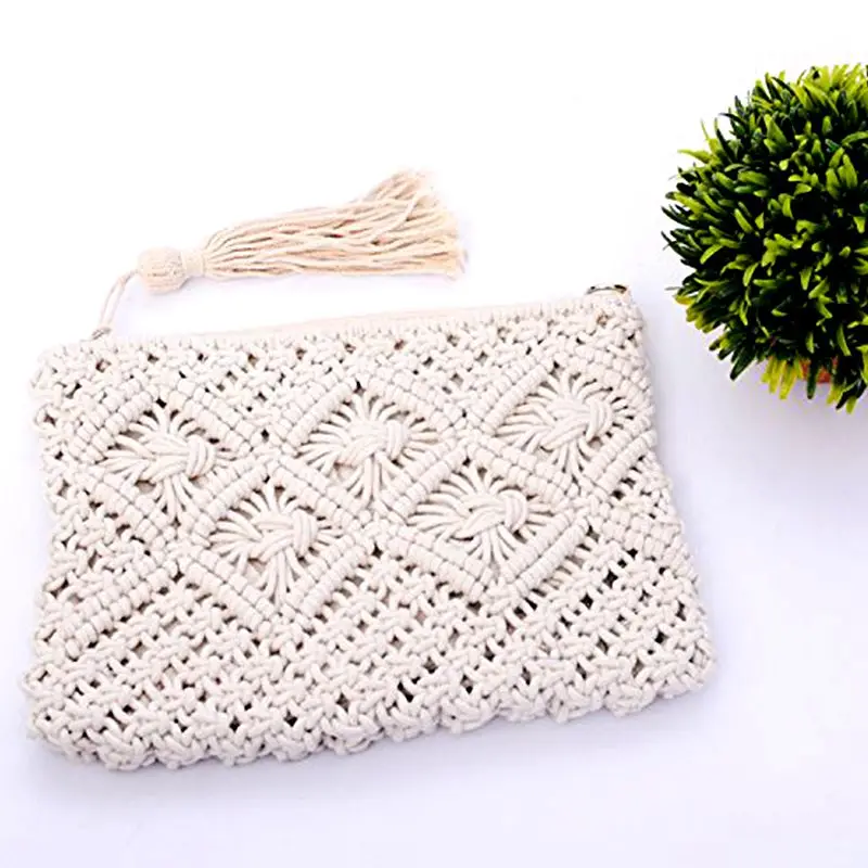 

HCH-Cotton Rope Fringed Handmade Cotton Bags Bales The Only Shoulders Beach Bags (White)