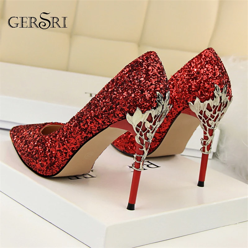 

Gersri Women Sexy Wedding Pumps Bride Glitter Scarpins Fetish Classic High Heels Female Lady 9.5cm Stilettos Party Shoes Lady