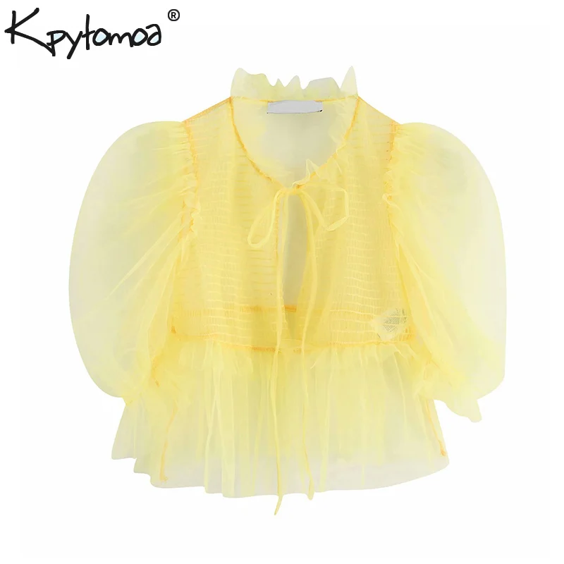 

Vintage Sexy Bow Tie Organza Ruffled Crop Tops Women Blouses 2019 Fashion Puff Sleeve See Through Mesh Shirts Casual Blusa Mujer