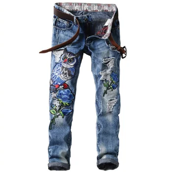 

Embroidery Gloria Jeans Men Hip Hop Patchwork Owl Design Hole Cowboy Zipper Fly Fashion Denim Joggers Mens Ripped Straight Jeans