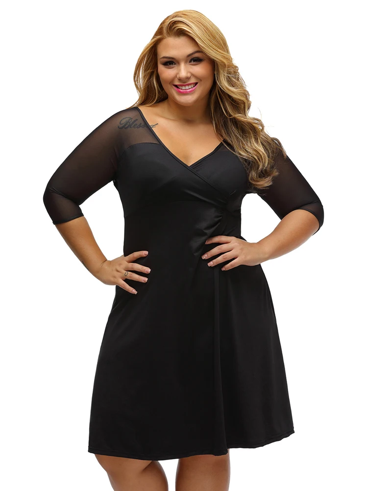 Adogirl 2017 Sexy Big Sizes XXL Mesh Half Sleeves Women Midi Dresses Black-2