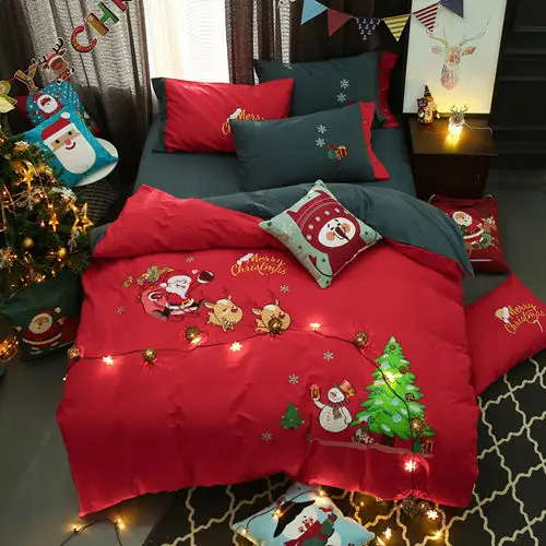 2017 New 4/6pcs Christmas 100 cotton Bedding Set red Comforter Cover