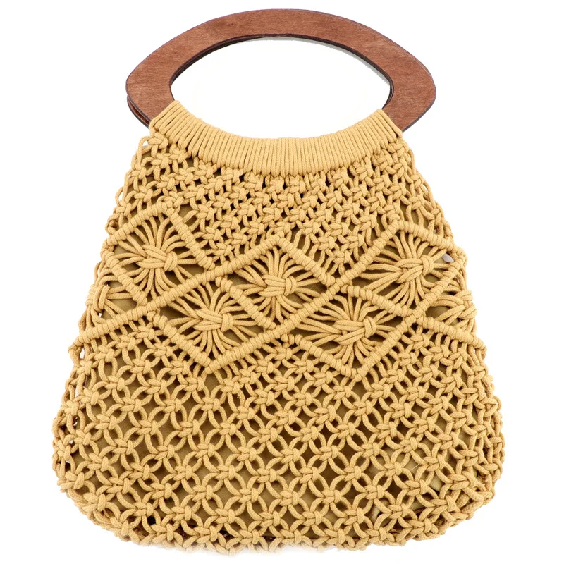 Wooden handle Portable cotton rope weaving straw bag handmade net handbag beach plait | Багаж и сумки