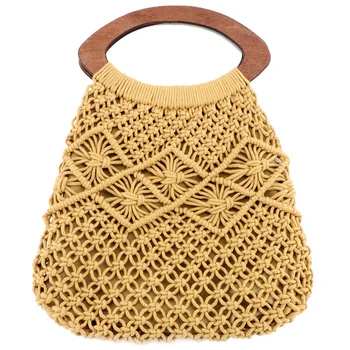 

Wooden handle Portable cotton rope weaving straw bag handmade net handbag beach plait bag