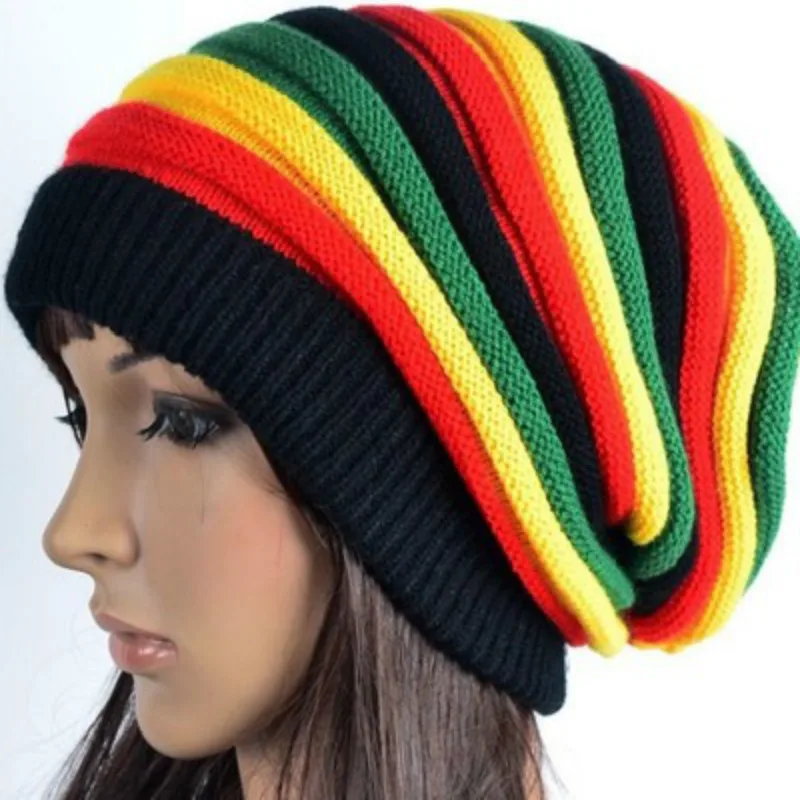 Новинка, зимняя шапка в стиле хип-хоп с помпоном, Bob Marley, ямайская раста регги, разноцветная полосатая шапка, шапки для мужчин и женщин, лыжные шапочки, вязаная шапка - Цвет: black-redyellowg