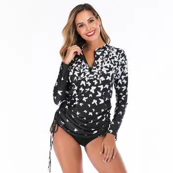 

Hot Sale Black Butterfly Printing Adjustable Two Ways Of Wearing Bikini Set Swimsuit New Zipper Long Sleeve Swimwear Women