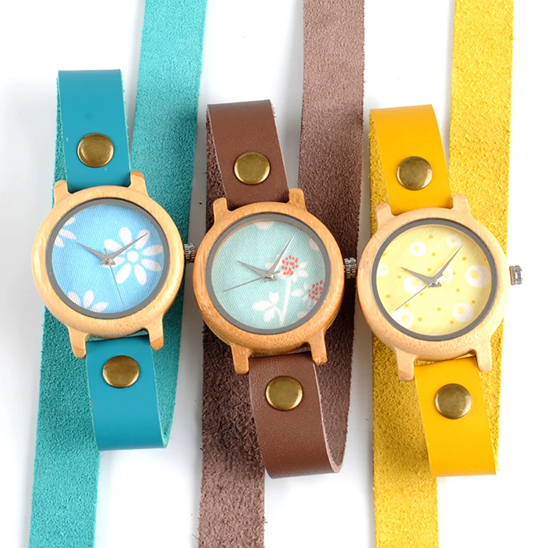 BOBO BIRD бамбуковые часы для женщин, новая мода, женские часы, цветной длинный кожаный ремешок в деревянной коробке, Bayan Saat
