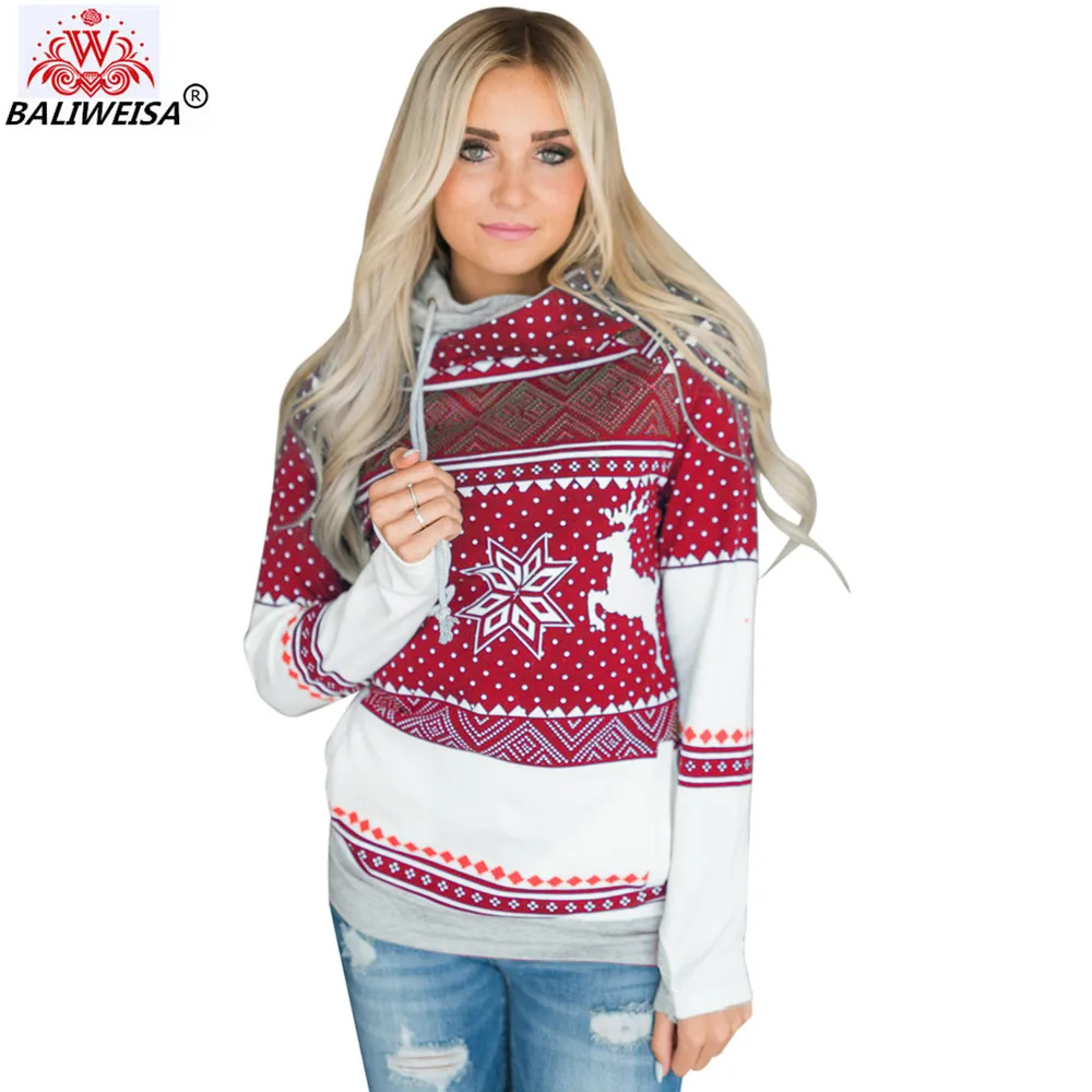 

BALIWEISA 2019 Winter Christmas Gift Warm Thick Printed Sweatshirts Women Snow Pattern Hoodies Pullover Fleeces Long Sleeve Coat