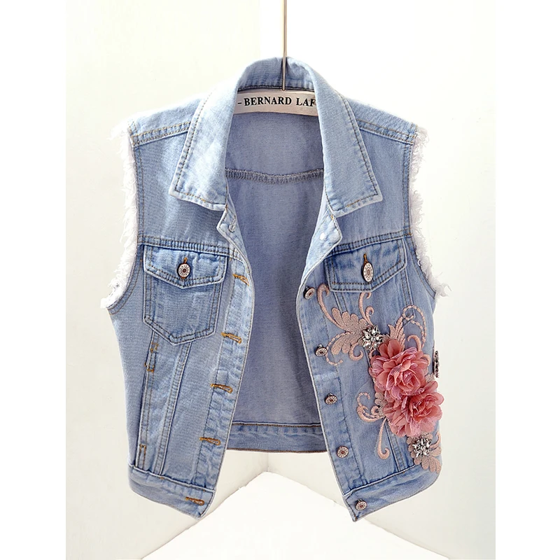 

2019 summer women new diamond embroidery flower denim vest female sleeveless short vest top 1931