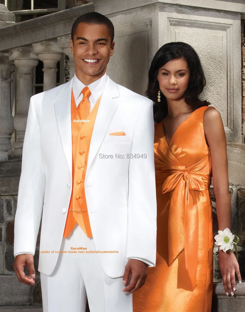 

Custom Made Groom Tuxedo Terno Noivo, Bespoke White suits with orange vest / waistcoat, Tailor Made Male Suit Wedding