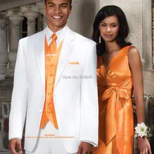 Индивидуальный смокинг жениха костюм для жениха, на заказ белые костюмы с оранжевая Майка/жилет, сшитый на заказ мужской костюм на свадьбу
