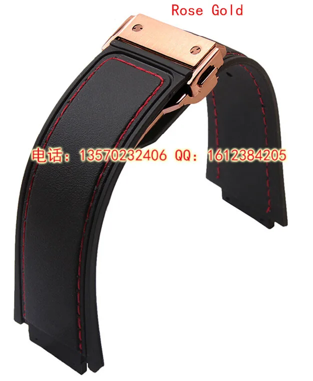 29mm 19mm Buckle High Quality Black Rubber Watch Band Strap WIith Red Thread Rose Gold Deployment