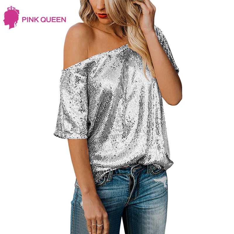 

Sexy Sequined t shirt Women Loose Off Shoulder Short Sleeve Glitter Shirts Summer Streetwear tshirt Party Club Wear Tops