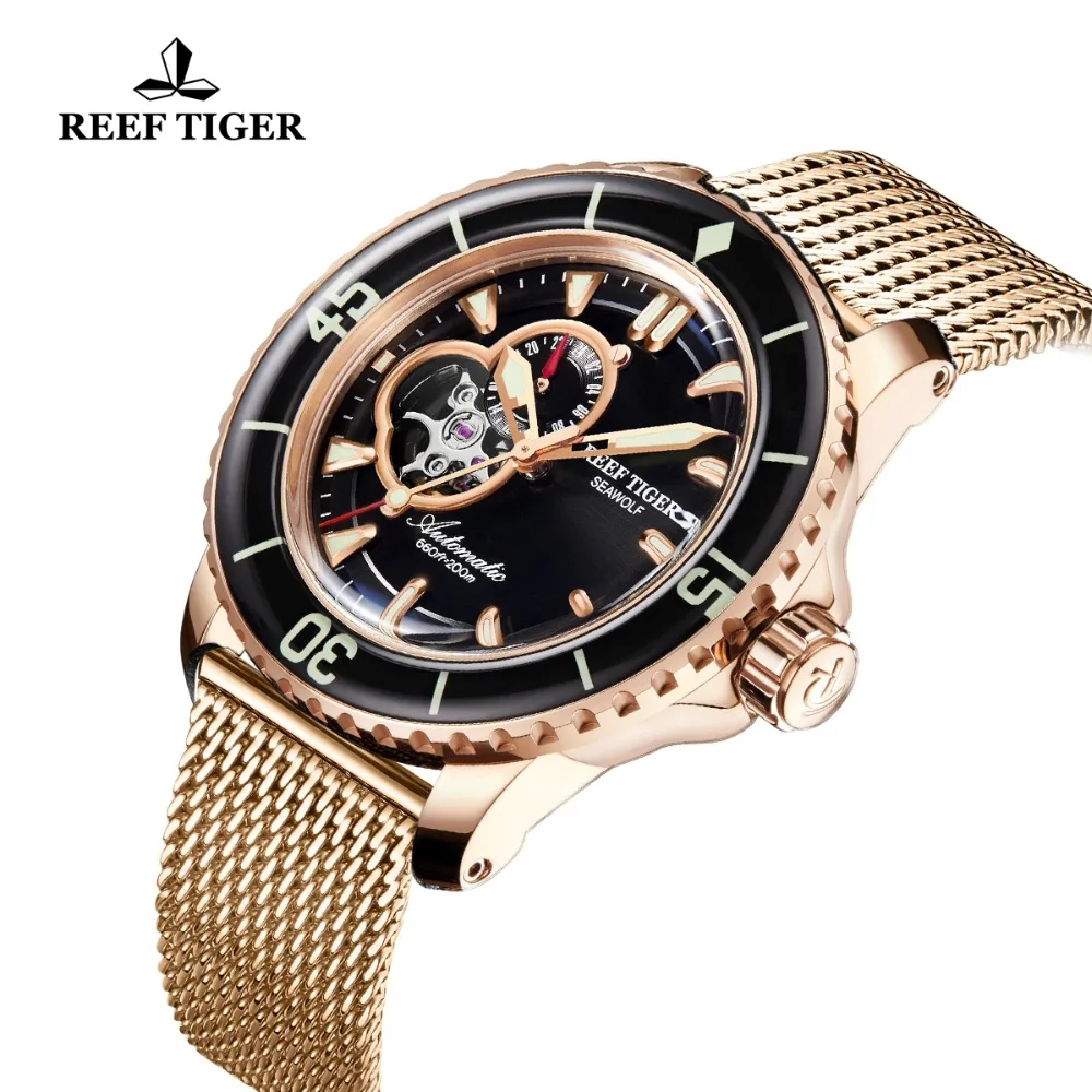 Мужские автоматические спортивные часы Reef Tiger/RT цвета розового золота с