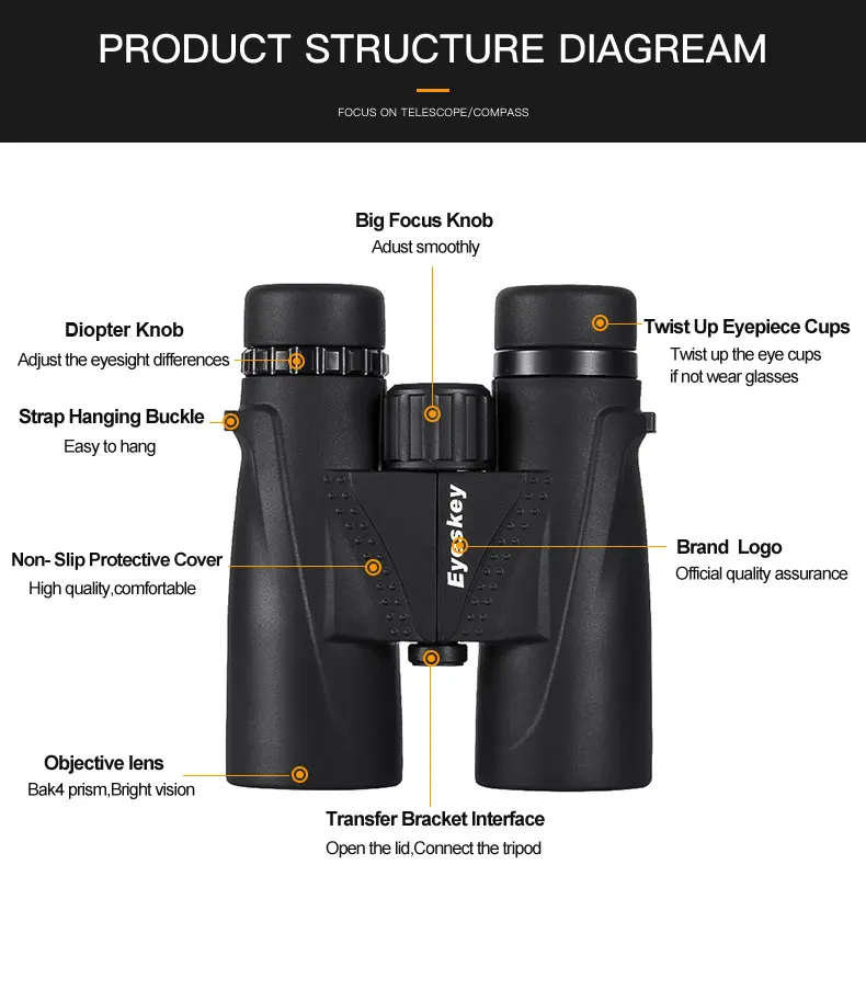 Охотничий бинокль 8x42 бинокль Eyeskey Водонепроницаемый Телескоп Bak4 призма кемпинг охотничьи прицелы с шейным ремешком нескользящий
