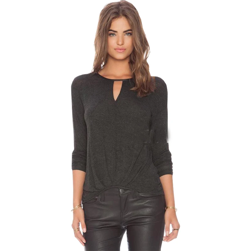 T Shirt Women New PU Piping Collar women's Tops Hollow Drop Slim Fold