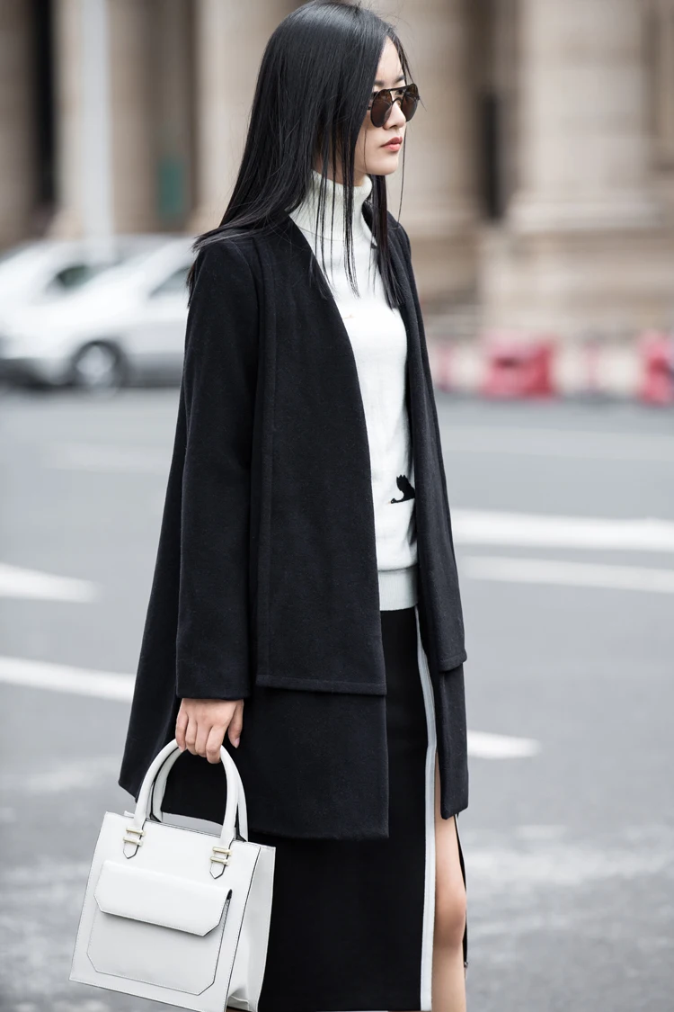 Amii повседневные женские шерстяные пальто зима Открыть стежка Твердые разрезы V шеи женский шерсть