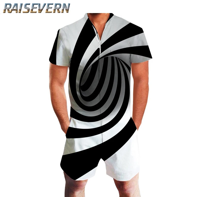 

RAISEVERN Men's Rompers 3D Flamingo Print Short Sleeve Jumpsuit Men's Beach Overalls One Piece Slim Fit Clothing Men's Playsuits