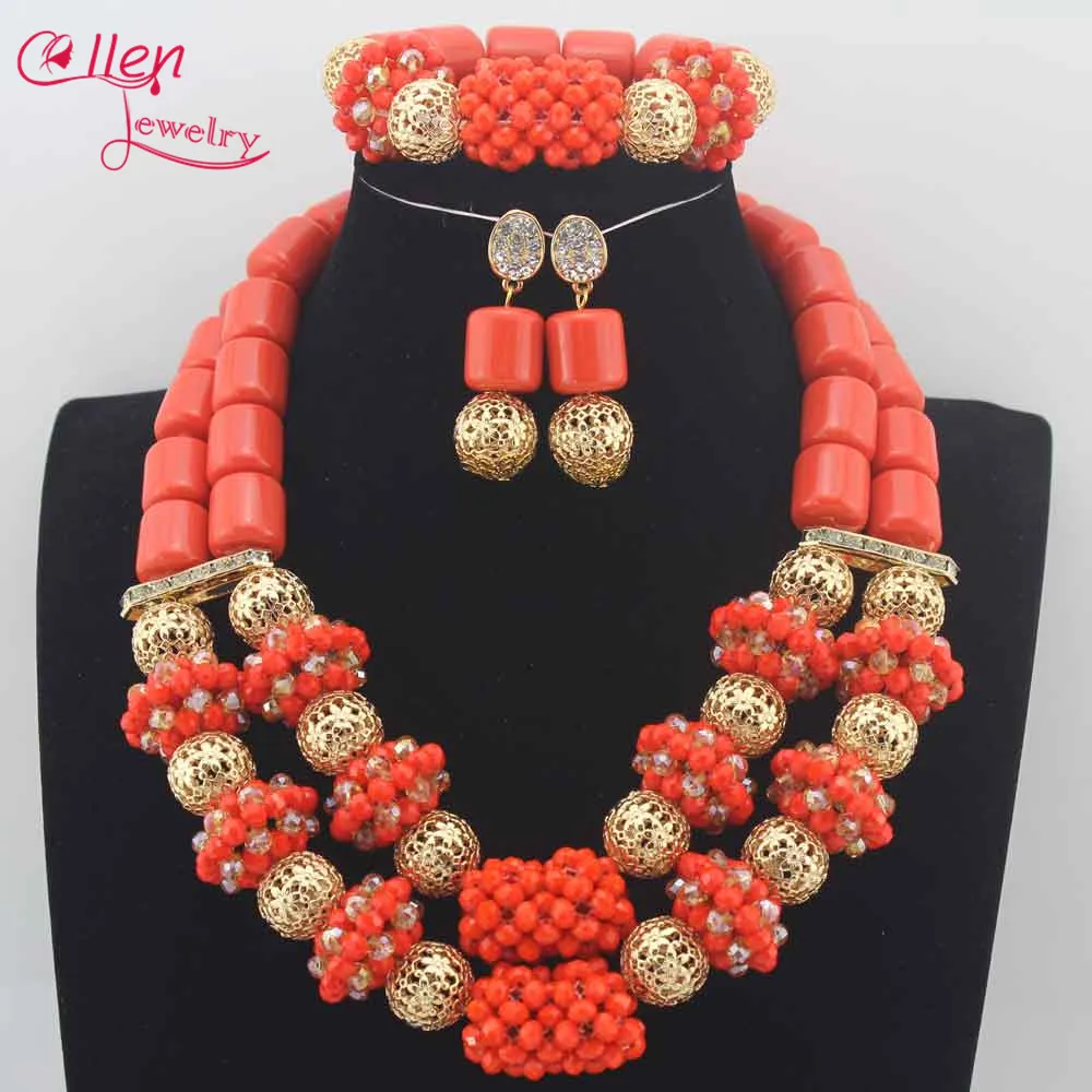 

2 Layers African Artificial Coral Beads Necklace Earring Bracelet Jewellery Set Indian Women Costume Ball Beads Jewelry SetN0064