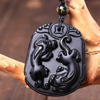 

High Quality Natural Black Obsidian Stone Pendant Double PIXIU Ward off Bad Luck Pendant Necklace Gift for Men Jewelry