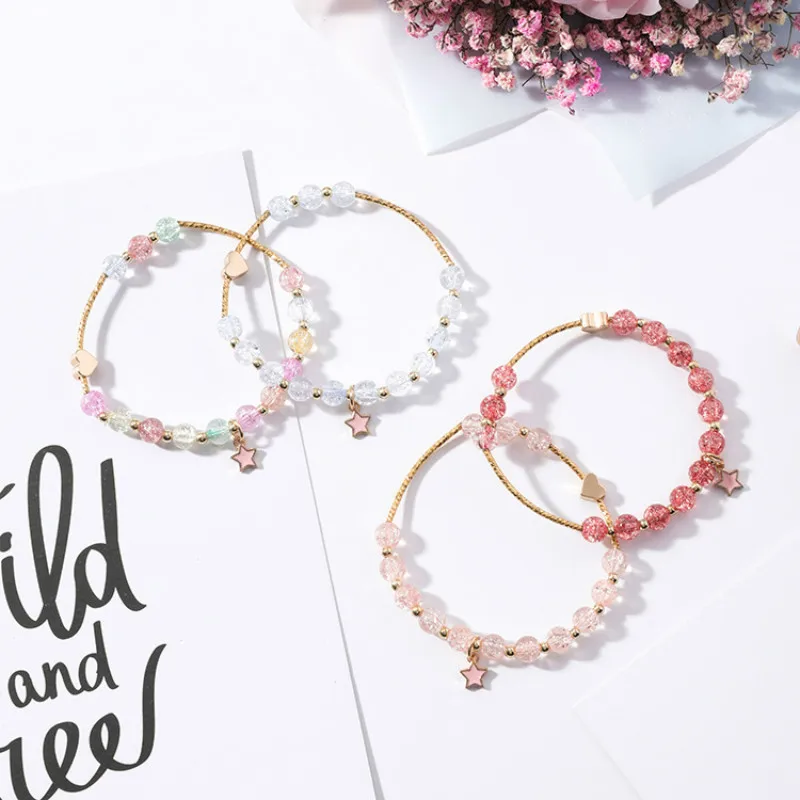 

Doreen Box New Fashion Gold Color Charm Pentagram Charm Elastic Bracelet Colorful Crystal Beaded Bangles For Women Party Jewelry