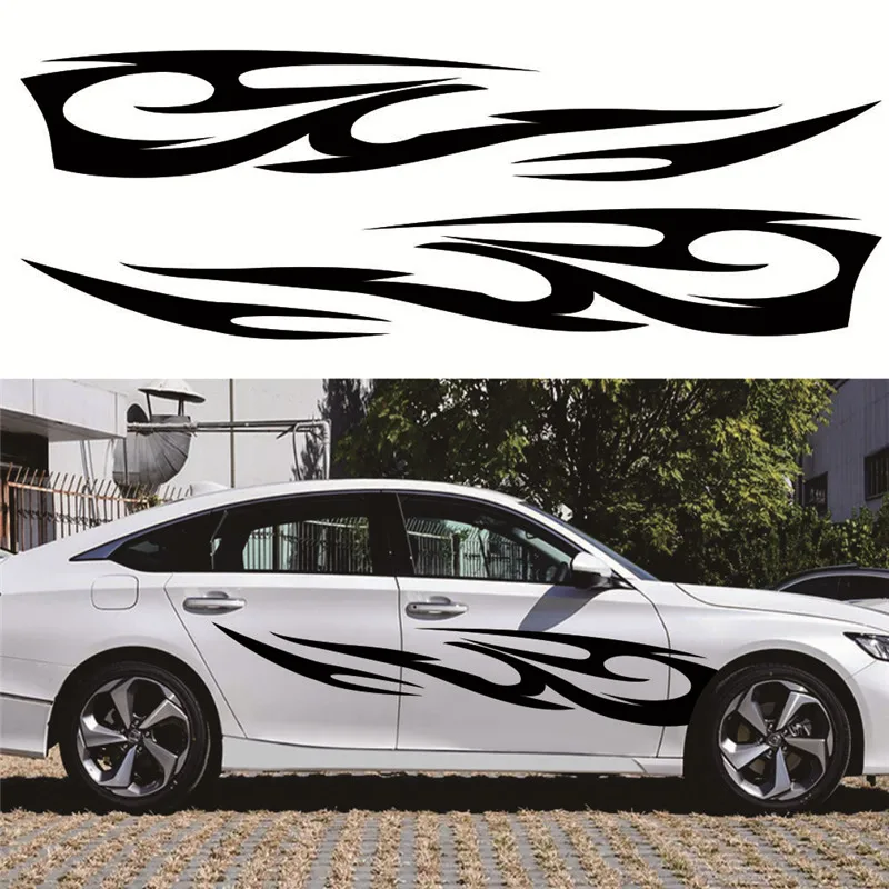 

2pcs Flame Totem Sticker Car Body Racing Side Door Long Stripe Stickers Auto Vinyl Decal Personality Modified Vehicle Paste