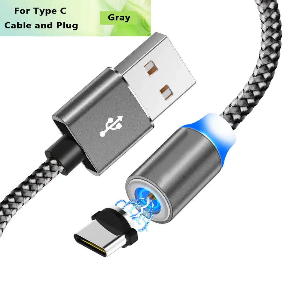 Светодиодный кабель с магнитной оплеткой типа C Micro USB Магнитные usb кабели для зарядки Apple iPhone XR XS Max X 7 8 6 samsung S9 S10 шнур - Цвет: Gray For Type C