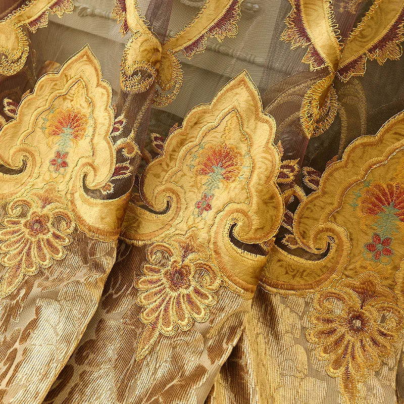 Золотистые Роскошные затемненные шторы для гостиной с цветочной вышивкой, занавески для спальни, оконные шторы, тканевые шторы тюлевые балдахин