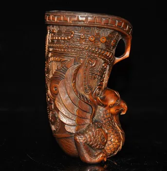

christmas 8" China Boxwood wood carved wing beast bird statue Ancient Goblet wineglass cup New Year
