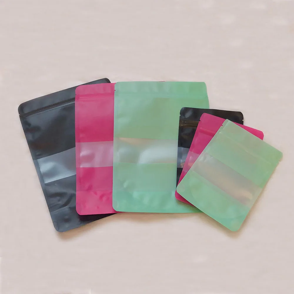 100 Pcs Stand Up Matte Color Aluminum Foil Zipper Bag with Showing Window, Pink Green Black Food Storage Packaging Plastic Pouch