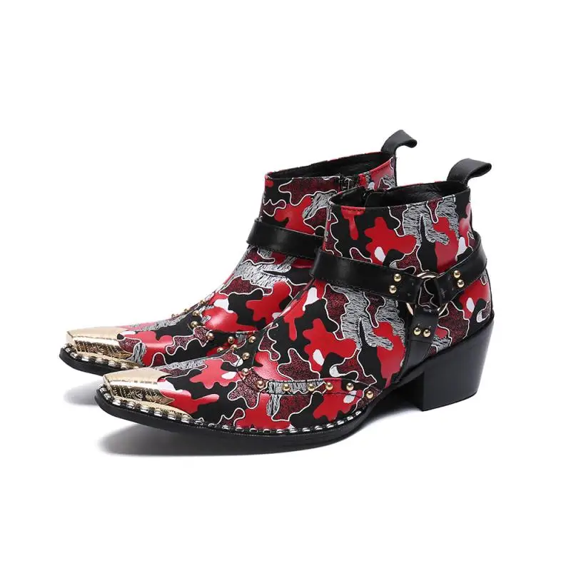 

2019 Men Embroidery Ankle Cowboy Boots Male Party Red Fashion Rivets Pointed Toe Chelsea Boot