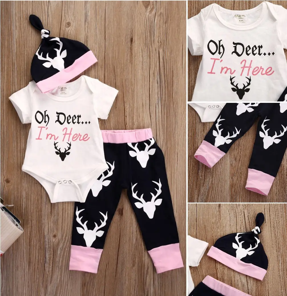 

Newborn Baby Girls Clothes Tops Bodysuits +Deer Pants Leggings Cotton Hat Fashion Baby Girl Clothing Outfits Set Clothes 0-18M
