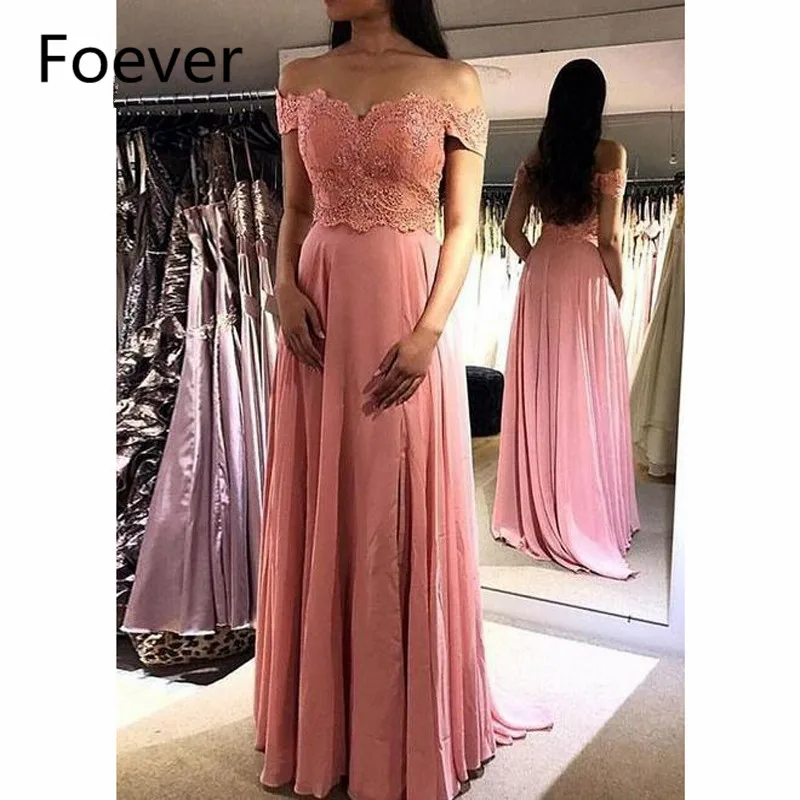 

2019 Off Shoulder Evening Dresses Long with Appliques Lace V-Neck Chiffon A-Line Formal Evening Party Dress for Women