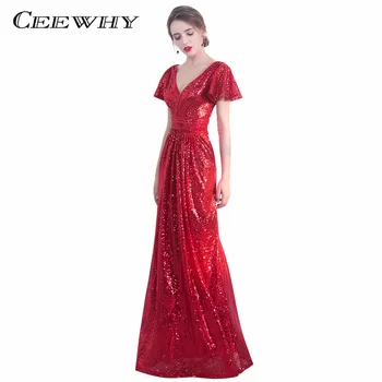 

CEEWHY Ruffles Short Sleeve Sexy V-Neck Long Gown Formal Prom Dress Red Sequined Evening Gown Plus Size Evening Dress