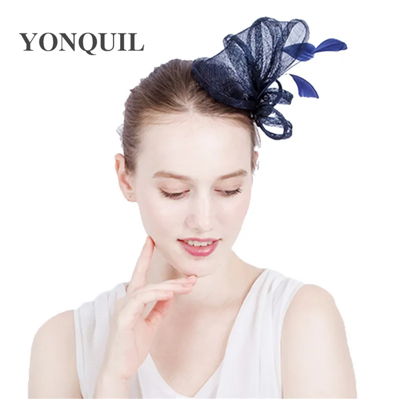 

Elegant Ladies navy Sinamay Wedding Fascinator Hat millinery Bridal Cocktail Hats with Feather For races church wedding party
