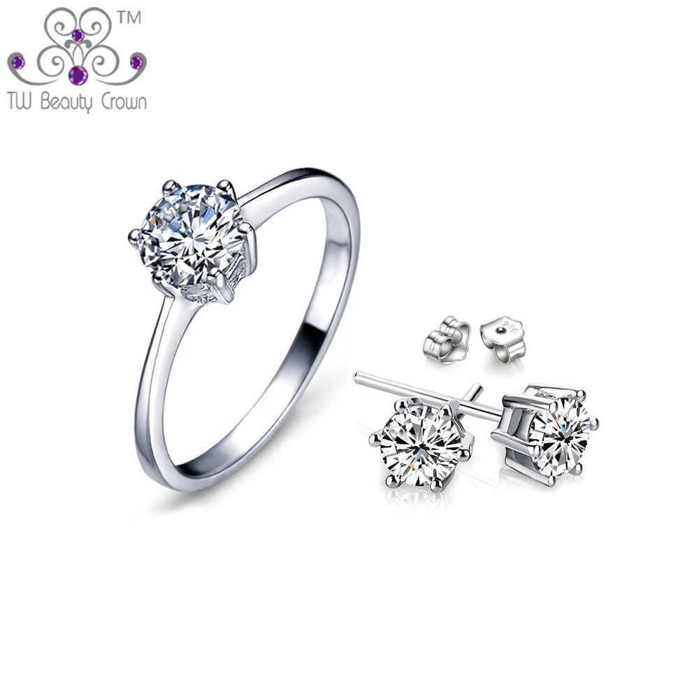 Real 925 Sterling Silver Classic Eternal 1 Carat White Crystal Cubic Round Stud Earrings Ring Wedding &amp Engagement Jewelry Sets |