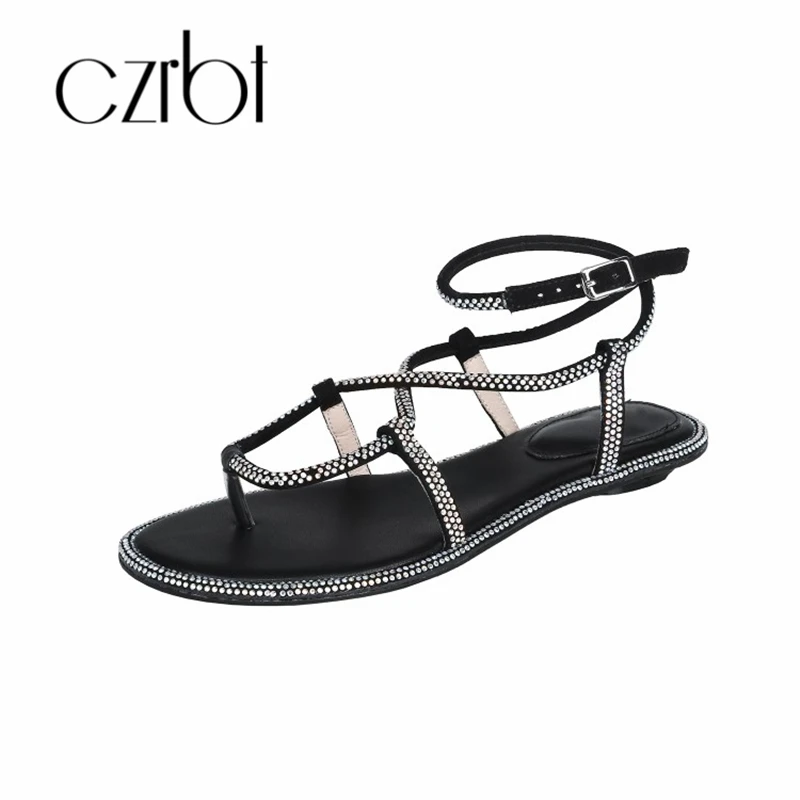 

CZRBT 2019 New Bead Decorative Sexy Leather Ladies Sandals Hand-made Non-slip Comfortable Cool Flat-heeled Ladies Sandals