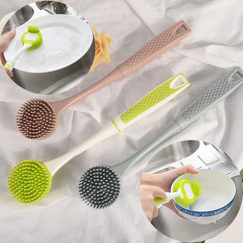 1PC Multi function Long Handle Degreasing Cleaning Dish Plate Soft Rubber Brush Silicone