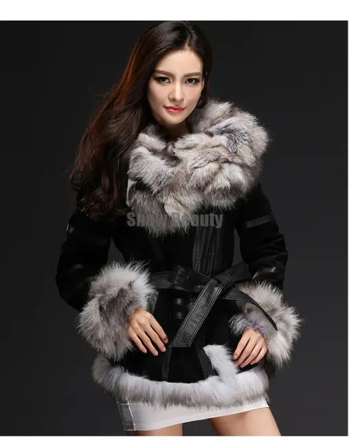 100% genuine pig skinleather jacket with fox fur collar short design ...