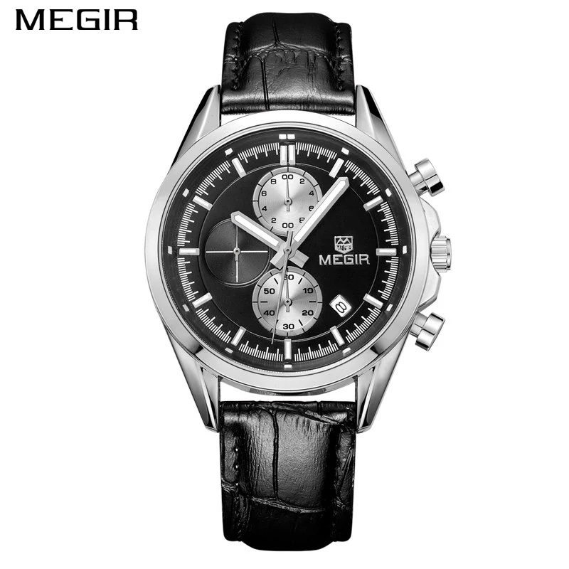

MEGIR Men's Casual Quartz Watch Chronograph & Calendar Leather Strap Black Waterproof Popular Sports Wathches