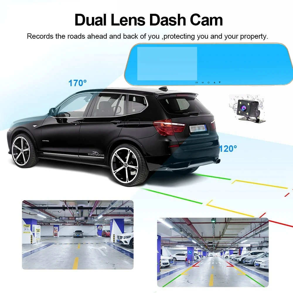 TAVIN Dash cam Dual lens Rearview mirror Car camera recorder Full hd 1080P mirror DVR auto 4.3 inch video Night Vision Car dvrs