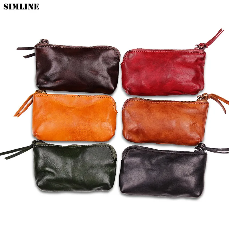 SIMLINE Genuine Leather Coin Purse Women Vintage Handmade Small Mini Wallet Card Holder Bag Case ...