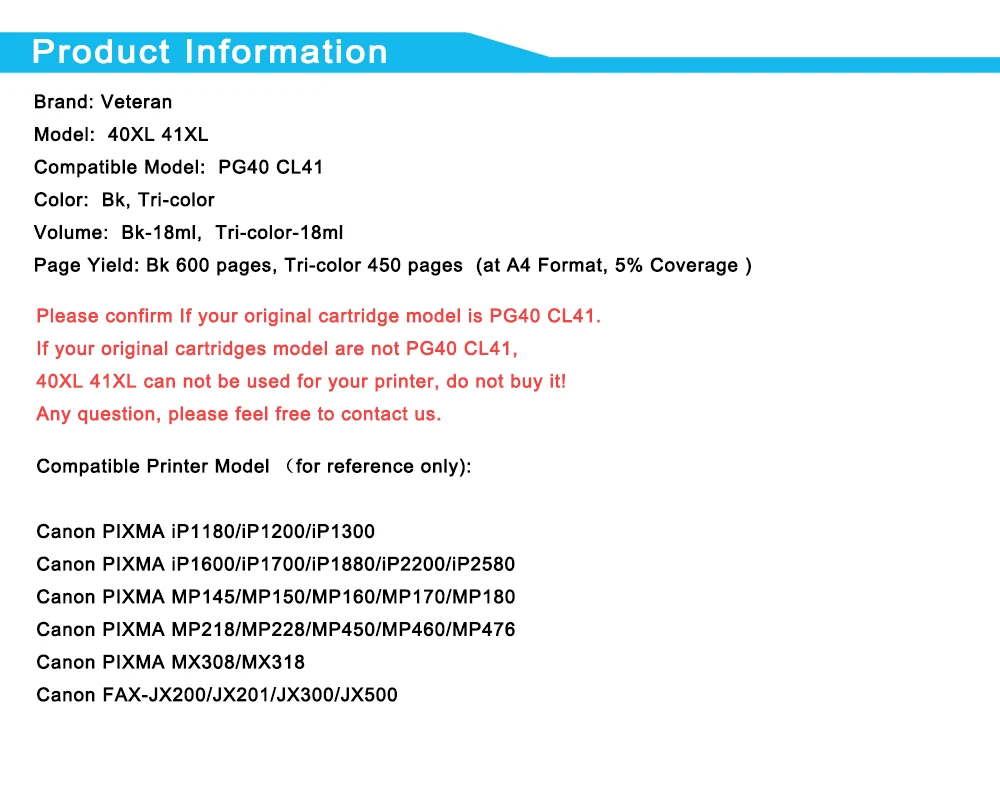 Ветеран Совместимость PG40 CL41 чернильный картридж для принтера Canon PG-40 pg 40 cl 41 PIXMA iP1800 iP1200 iP1900 iP1600 MX300 MX310 MP160 MP150