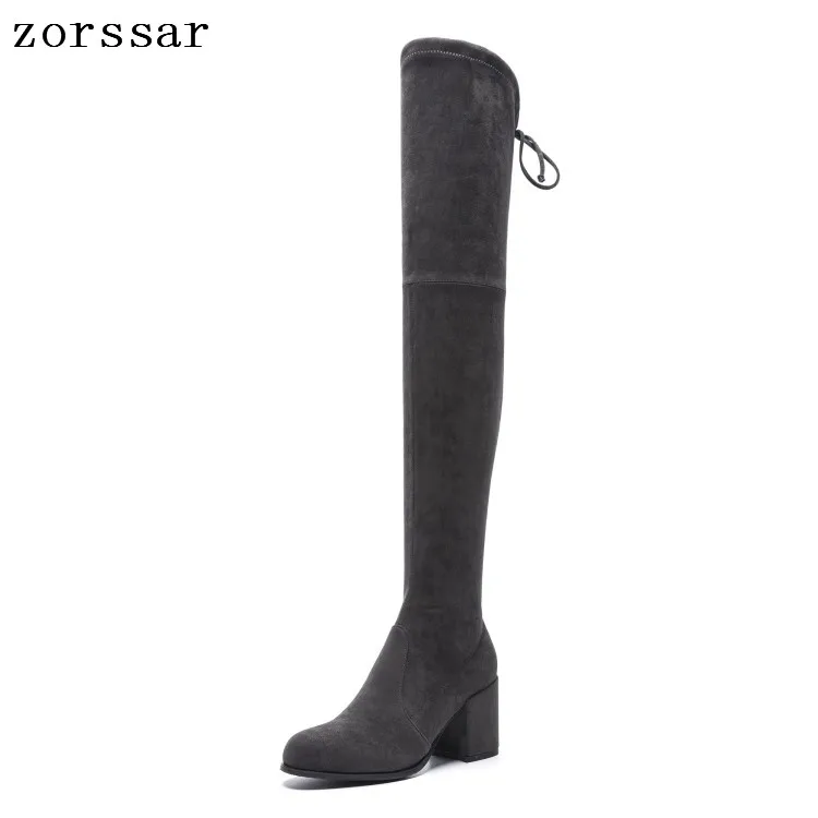 

{Zorssar} high quality Female Long Boots shoes Nubuck leather Square High Heels women Over The Knee boots Soild Winter Warm
