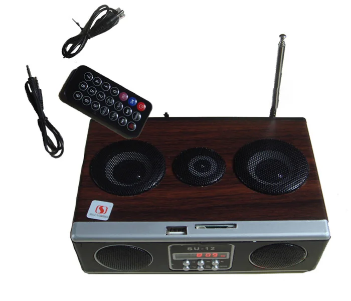 Mini 3D Stereo boombox lithium battery Wood FM Radio Speaker,SD Card