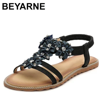 

BEYARNE Summer Women Casual Flats Sandals Female Shoes Woman Bohemia Crystal Flower Peep toe Strapped Sweet Gladiator Sandals
