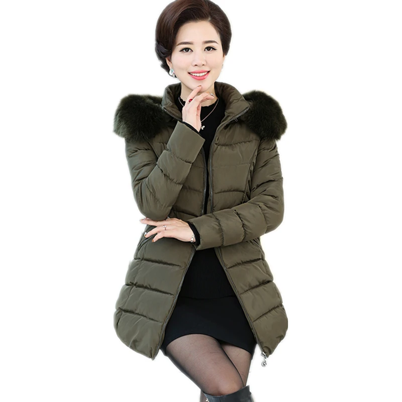 Older Women Cotton Jackets Winter Faux Fox Fur Collar Hooded Cotton Outerwear Mother Women Turtleneck Down