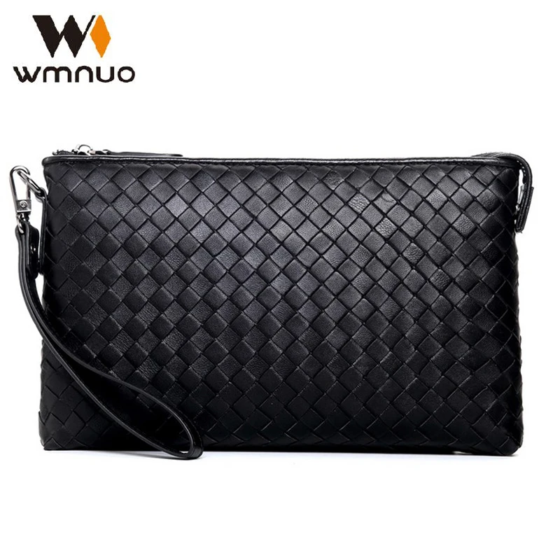 

Wmnuo 100% Sheepskin Genuine Leather Purses Men Handbags Handmade Knitting Clutch Soft Leather Large Capacity Men Shoulder Bags