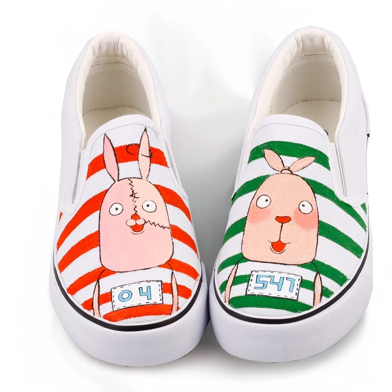 

2019 Spring Women Canvas Shoes Rabbit Cartoon Animal Shallow Designers Colorful Sneakers Hand-Painted Casual Slip-On Low Flats