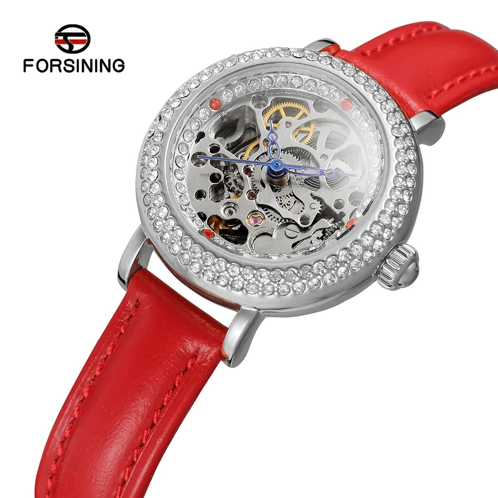 FORSINING Women's Watch Automatic Self-winding Stylish Skeleton Dial Clear Stones Analog Fashion Crystal Wrist Watch FSL8150M3S